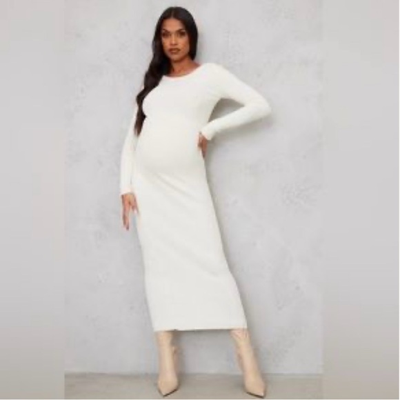 PrettyLittleThing Maternity Cream Knitted Midaxi Tie Back Bodycon Dress - Picture 1 of 3